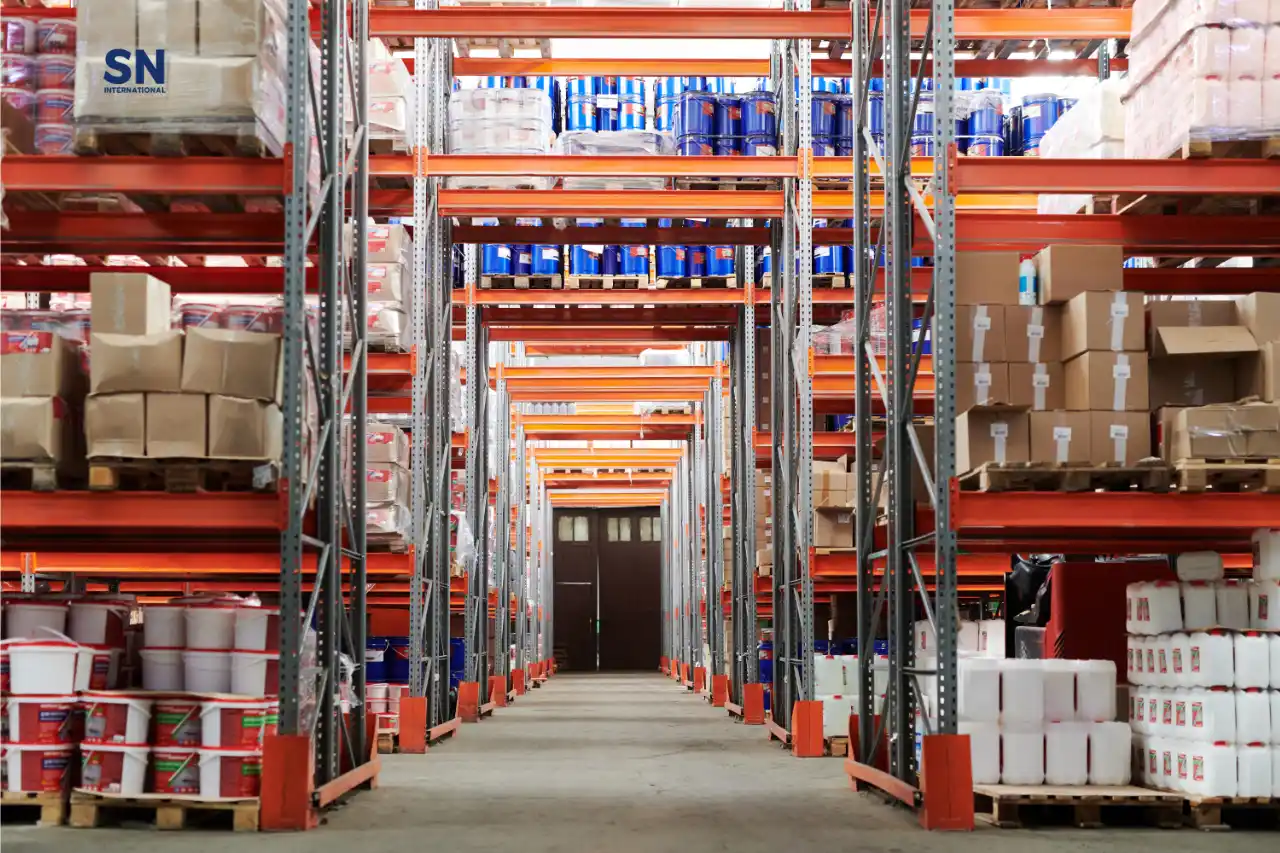 Aerial view of a warehouse with neatly organized shelves filled with various sized boxes and packages.