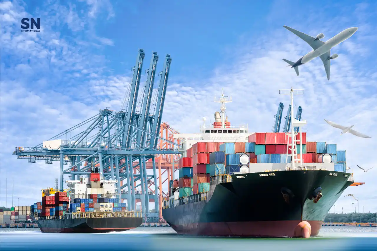 Container ships docked at a port with cranes in the background and an airplane flying overhead. The SN International logo is visible in the top left corner.