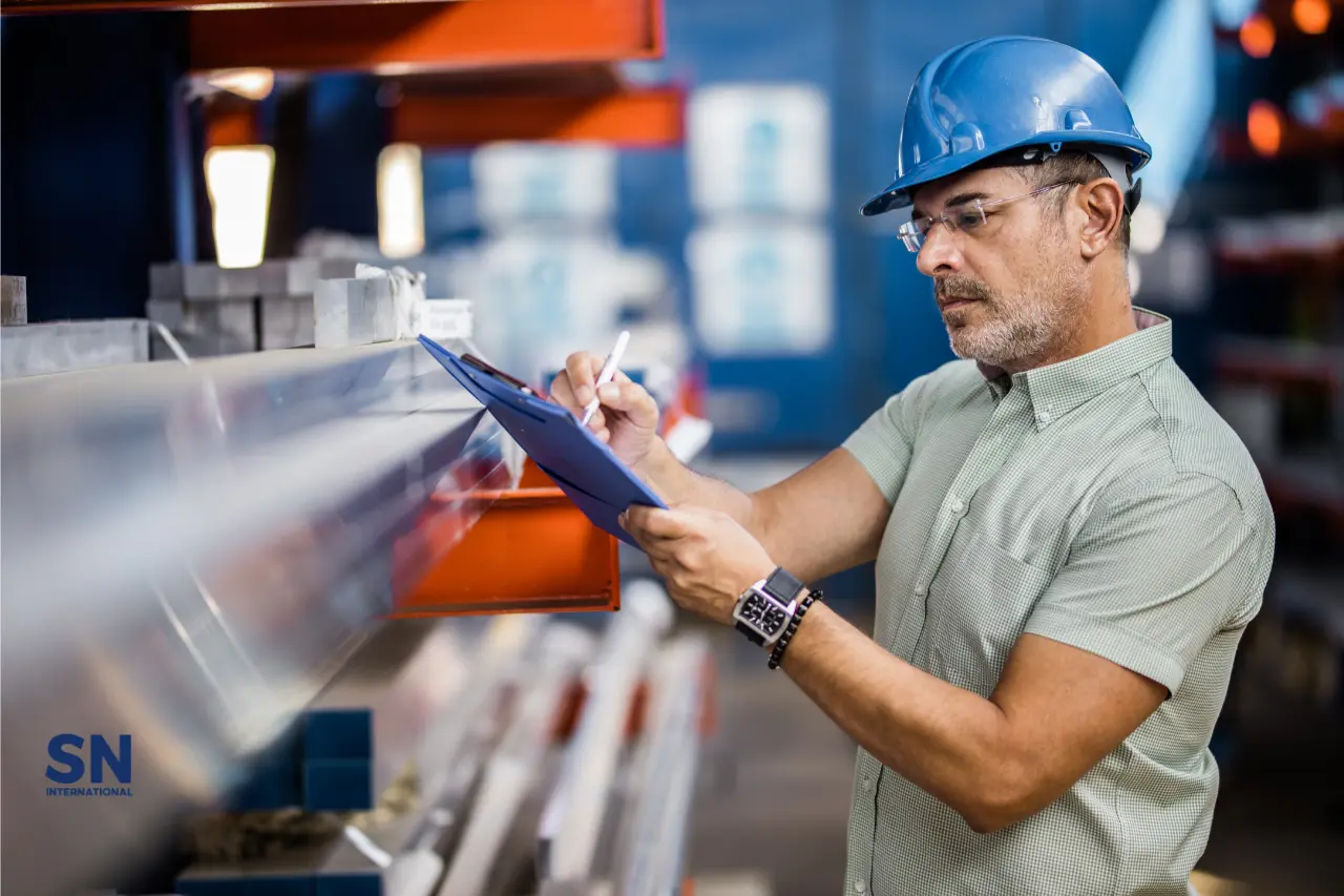 A male colleague wearing a blue hard hat is inspecting product quality on the production line with a clipboard in hand.