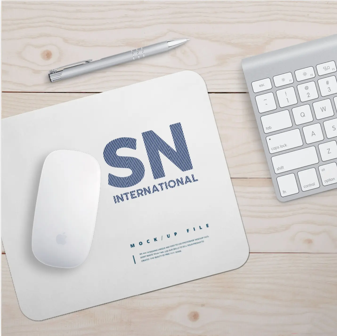 promotional gifts, SN International, logo, mouse pad, professional workspace, Apple accessories, desk setup, branding, corporate identity, office supplies, sleek design.