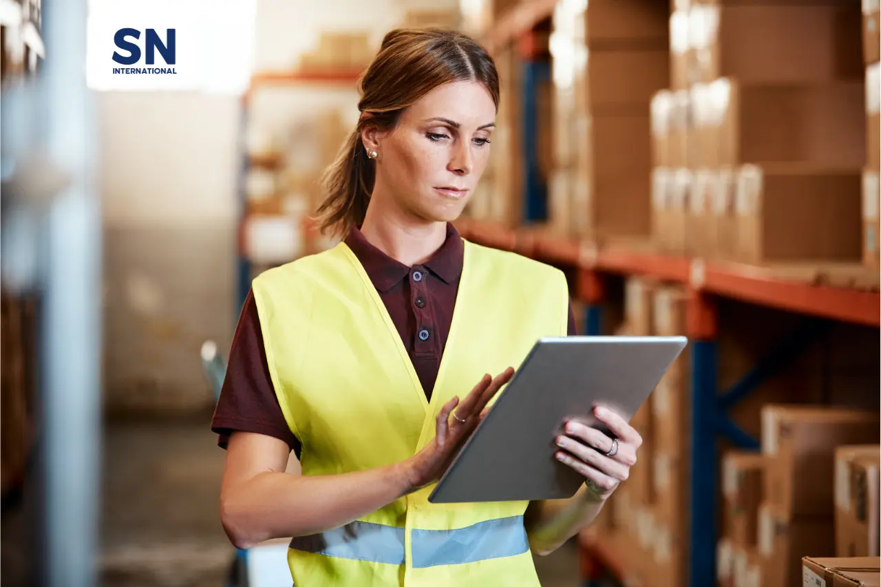 A woman wearing a high-visibility vest is standing in a warehouse, holding and working on a tablet. The SN International logo is visible in the top left corner.