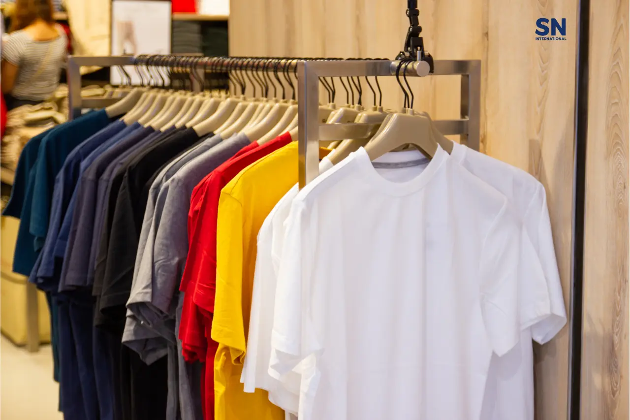 A clothing rack filled with a variety of colorful t-shirts, including white, yellow, red, gray, and blue, neatly hung on hangers. The SN INTERNATIONAL logo is visible in the top right corner of the image.